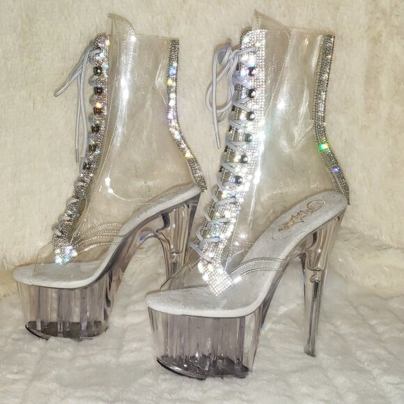 Clear High Heel Ankle Boots With Rhinestone Trim 1021c-2 - Picture 5 of 12